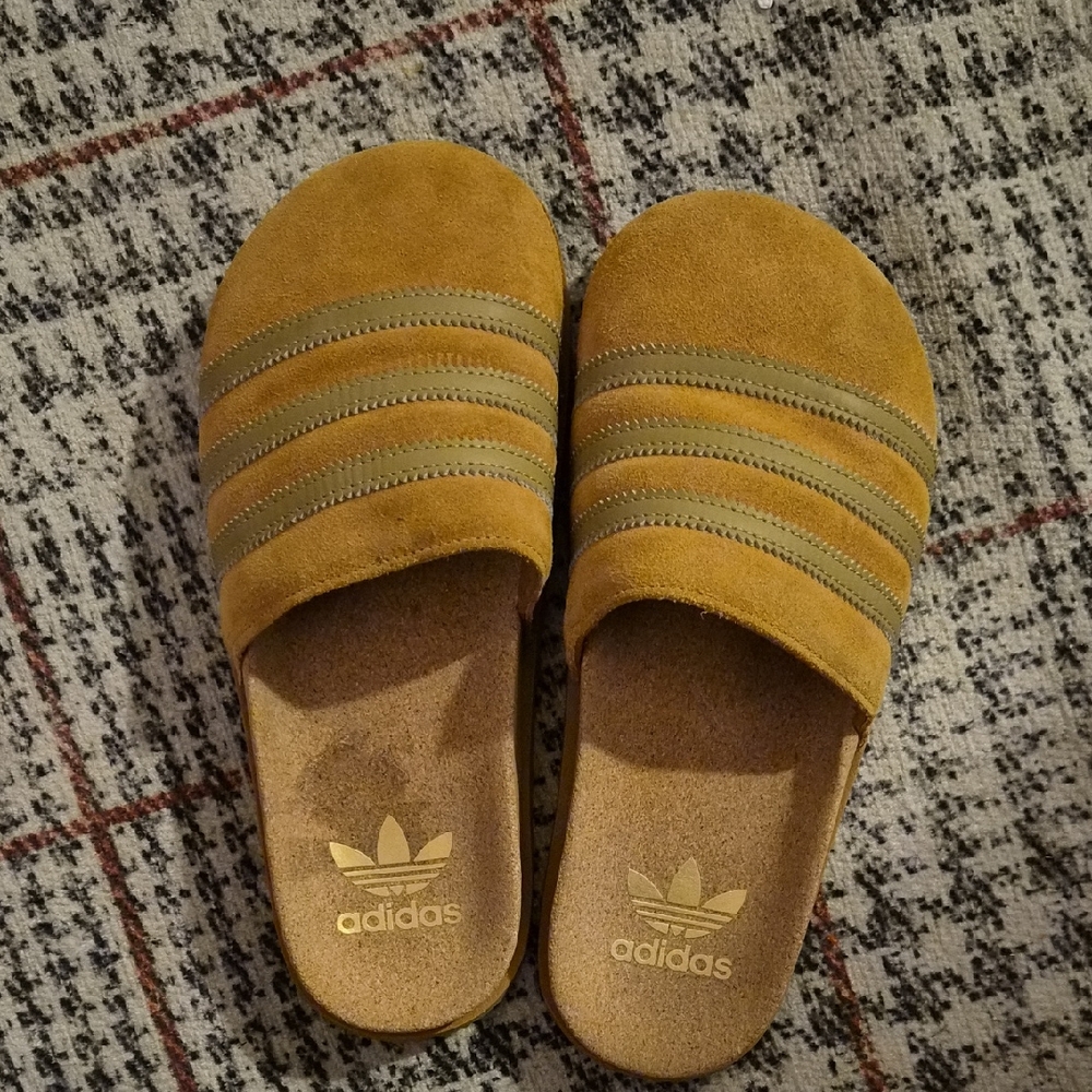 Adidas Tan Slides with Gold Logo